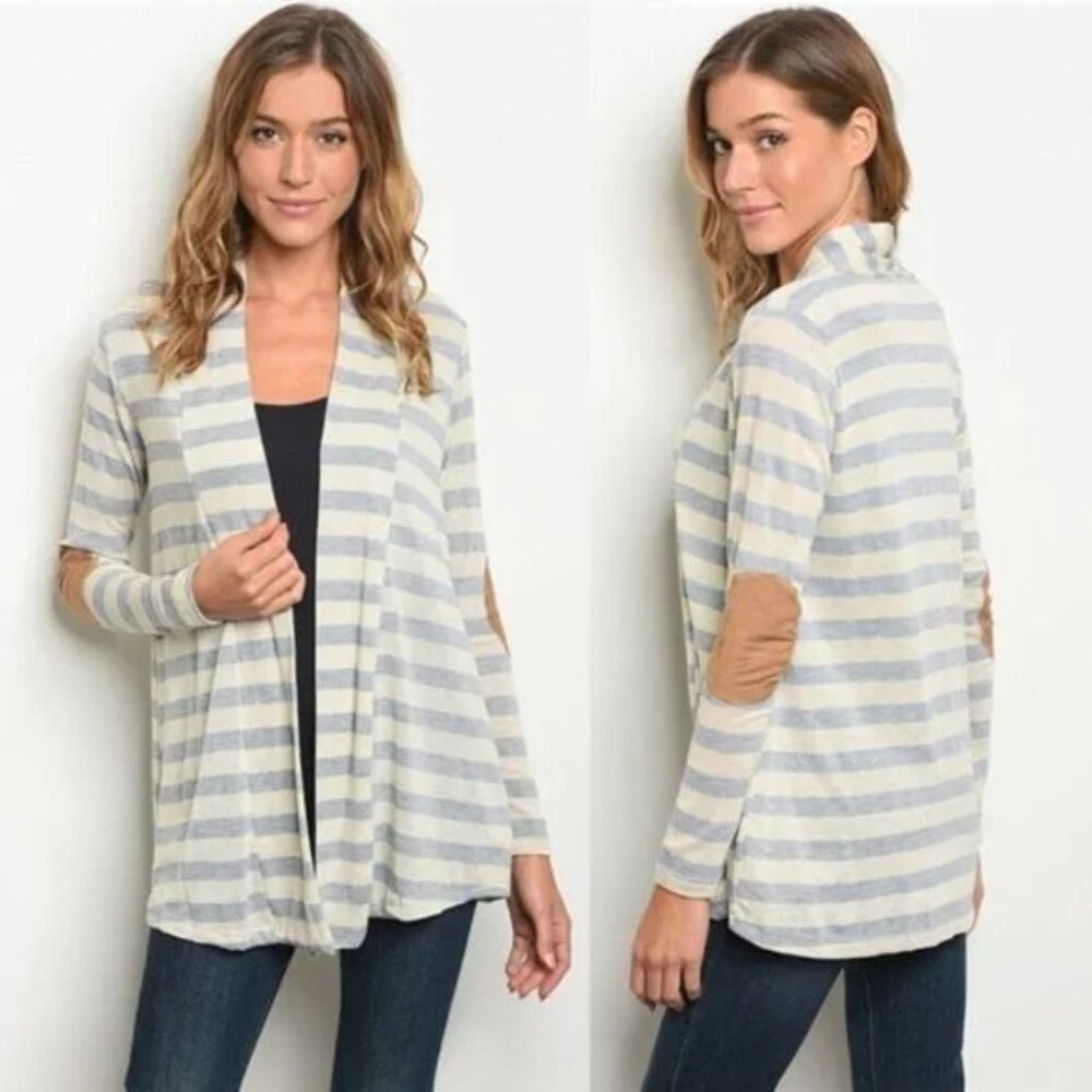 ALWAYS ME' Linen Blend Striped Small Blue Suede Patchwork Sleeve A-Line Cardigan